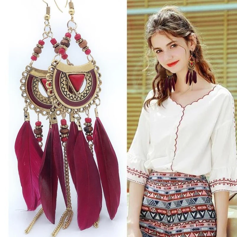 

Bohemian Long Tassel Feather Earrings Geometric Vintage Ethnic Pendant Drop Earring for Women Earrings Wedding Jewellery Z3E644