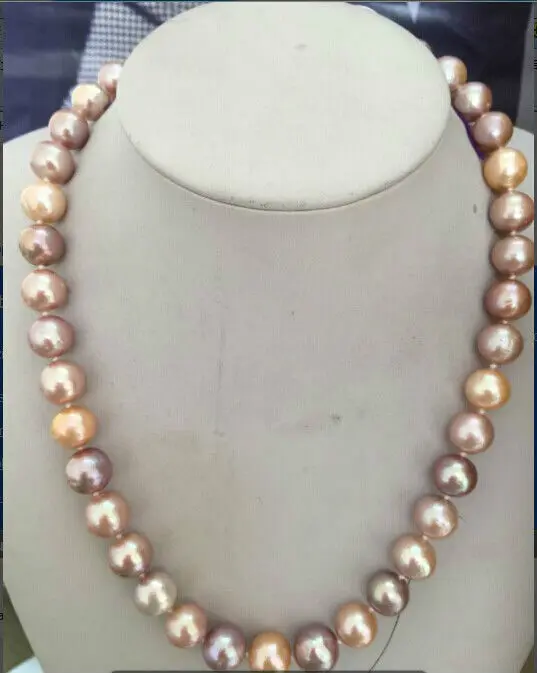

huge high 12-14MM NATURAL freshwater GOLD PINK PEARL NECKLACE 925silver