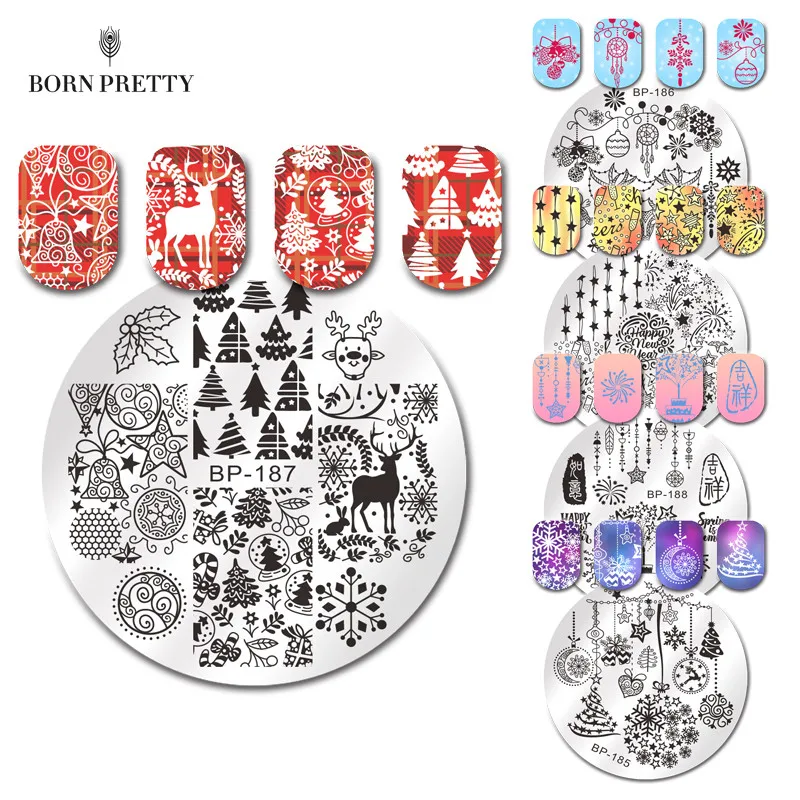 

BORN PRETTY Xmas Bell Nail Stamping Template Snowflake Deer Thanksgiving New Year Champagne Fireworks Nail Art Stamp Plates