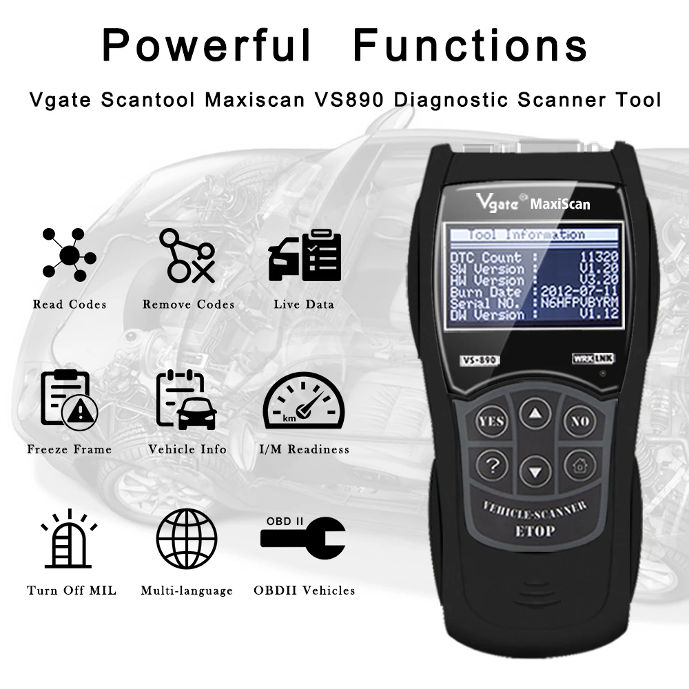 Автомобильный сканер Vgate Scantool Maxiscan VS890 OBD2 автомобильный для диагностики VS890/VS890S obd2