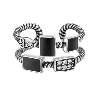

Kpop 925 Sterling Silver Stacking Ring Vintage Jewelry Cubic Zirconia Black Enamel Double Layered Twist Rope Open Ring R6519