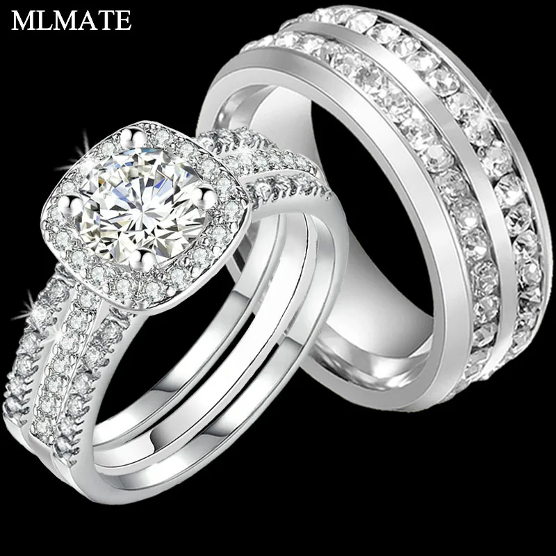 3 шт. обручальное кольцо наборы для Для женщин Классический Круглый Cut AAA+ серебряные Цвет Chirstmas подарок, мужские двойными рядами Кристалл кольцо