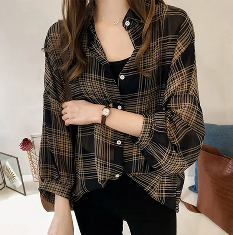 2019 Autumn Chic Plaid Shirts Women Batwing Sleeve Chiffon Blouses Casual Chemise Femme Tops Plus Size Tartan Blusas Mujer (9)