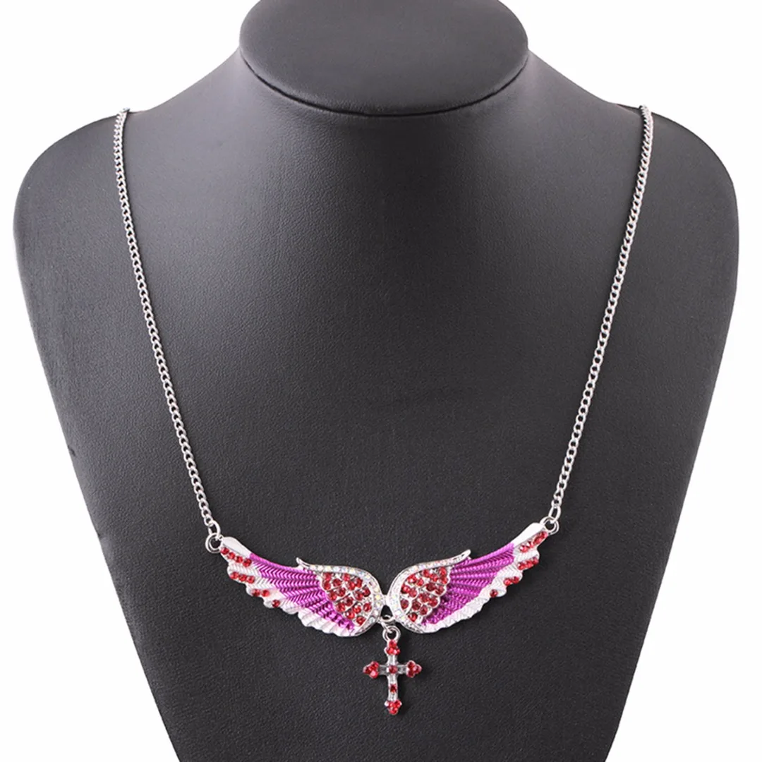 Chic Chain Necklaces Sexy Ladies Crystal Angel Wings Cross Necklaces & Pendants Fashion Jewelry For Women Shellhard