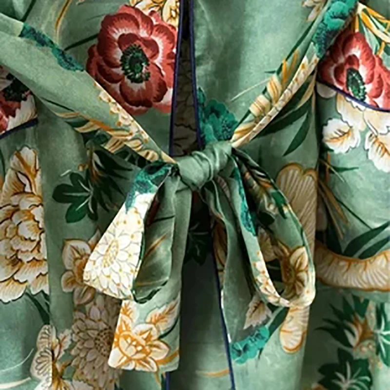Olgitum Для женщин Винтаж Цветочный принт зеленый цвет Длинные Дизайн кимоно Лето двойные карманы куртка sw089