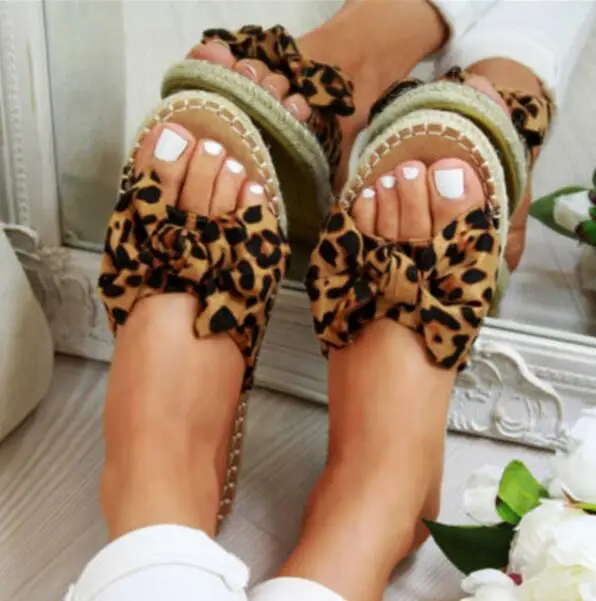 

New Womans Slip On Sandals Bow Flat Mule Leopard Linen Hemp Summer Sliders Espadrille Shoes Sizes