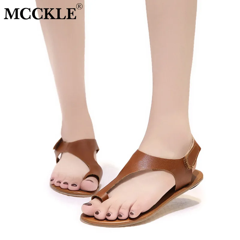 

MCCKLE Women Thong Sandals Gladiator Hook Loop Summer Female Ankle Strap Flat Flip Flops Plus Size Ladies Casual Concise Shoes