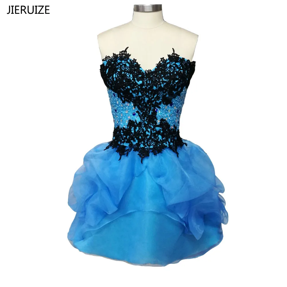

JIERUIZE Blue Organza Black Lace Appliques Short Prom Dresses Sweetheart Beaded Short Cocktail Party Dresses abendkleider