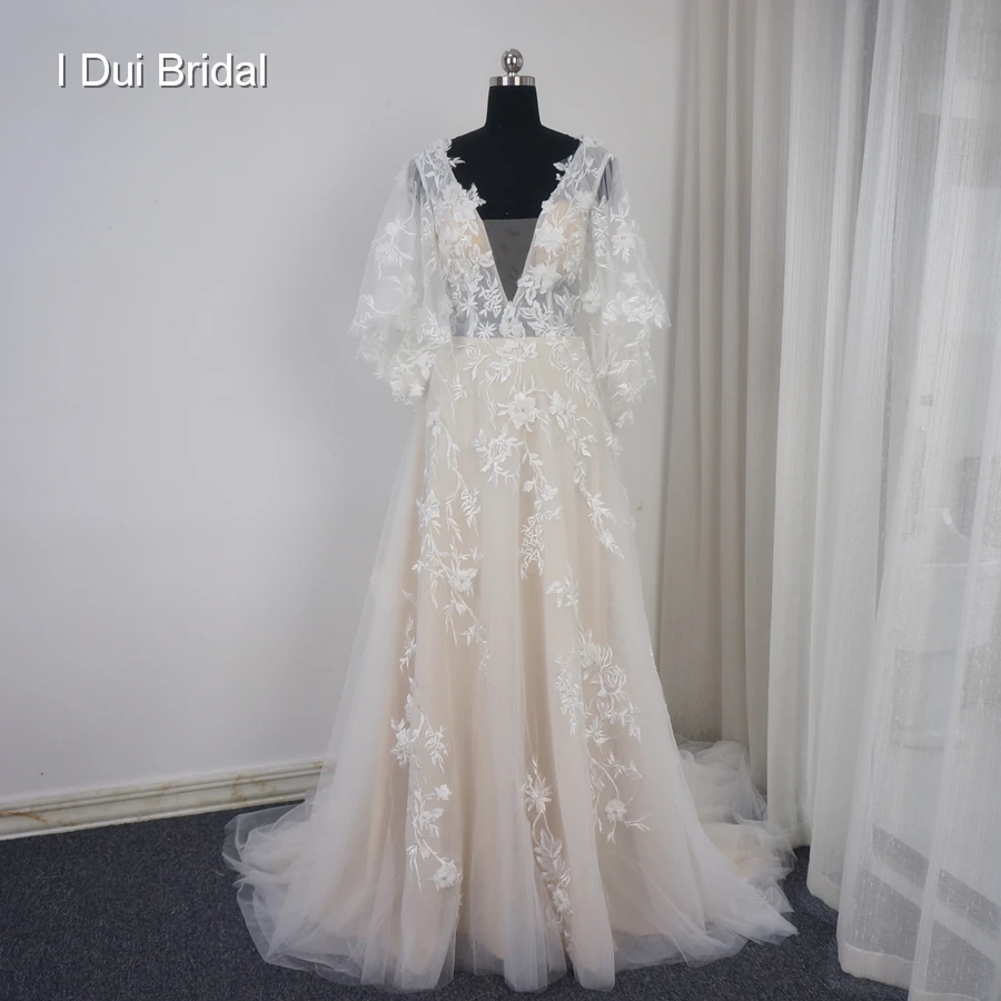 

V Neck Floral Wedding Dress A line with Flare Sleeve Custom Made