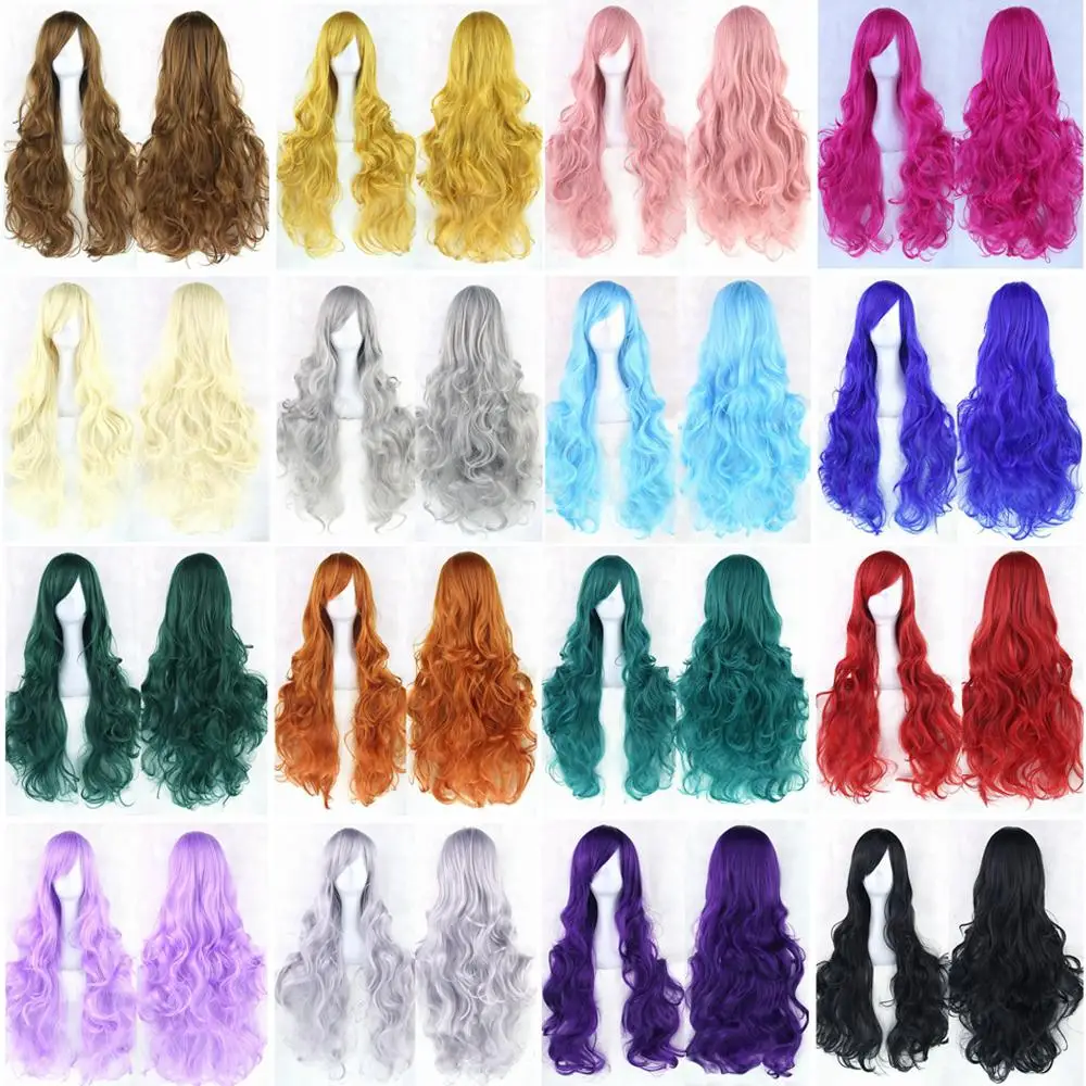  20 Colors Women Heat Resistant Pink Black Blue Red Yellow White Blonde Purple Wavy Cosplay Wigs 80cm 