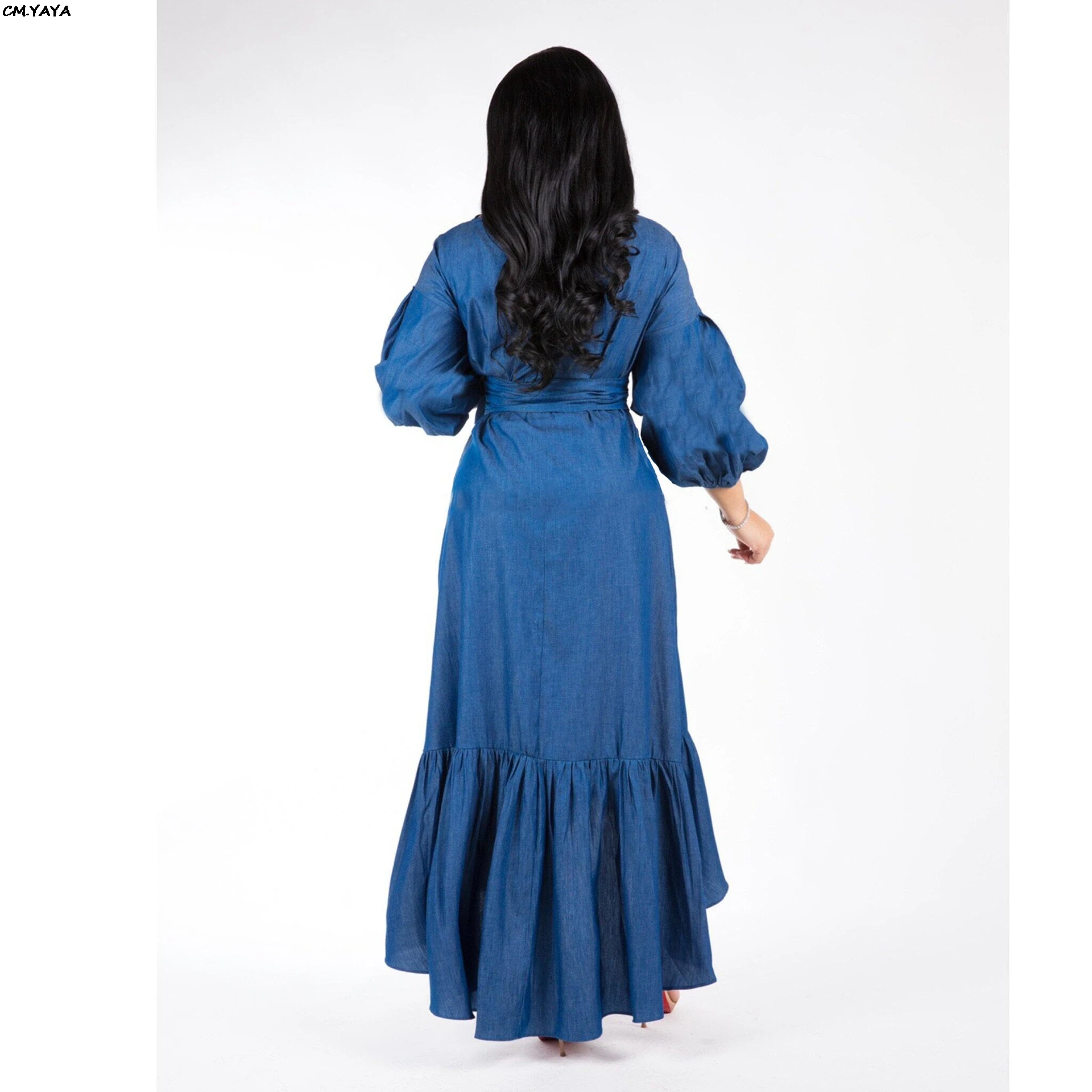 Женское джинсовое платье-фонарик с длинным рукавом и v-образным вырезом, с высокой талией и оборками, винтажное макси платье, вечерние длинные платья vestidos DF0617