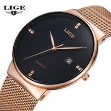 LIGE De Luxe Marque casual Montres Hommes D’affaires Simple Quartz Montre Homme Maille bracelet Date De Mode Or Noir Horloge relogio masculino