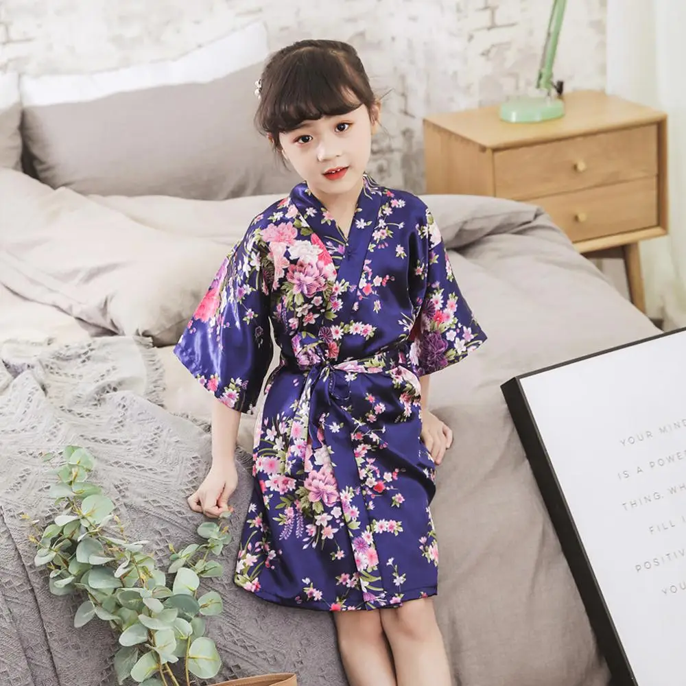 Kimono de satén morado de alta calidad para niños, bata de dama de honor  con flores, de seda, para verano