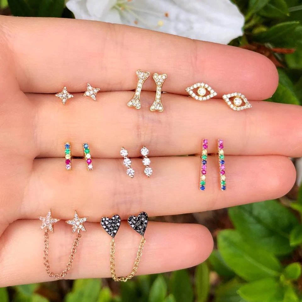 

14 Pcs/set Bohemian Female Earrings Bones Heart Heart Star Chain Vertical Strips Crystal Gold Earring Set Women Jewelry