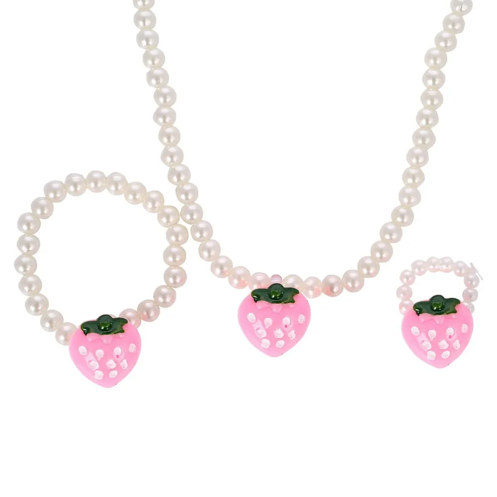 Розовое ожерелье с искусственным жемчугом и клубникой для девочек, регулируемое кольцо на палец, милые бусины для детей, ювелирные наборы для детей