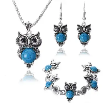 

romantic vintage stone Owl Pendant necklace earring bracelet fashion Jewelry sets Free Shipping trendy girls accessories quality