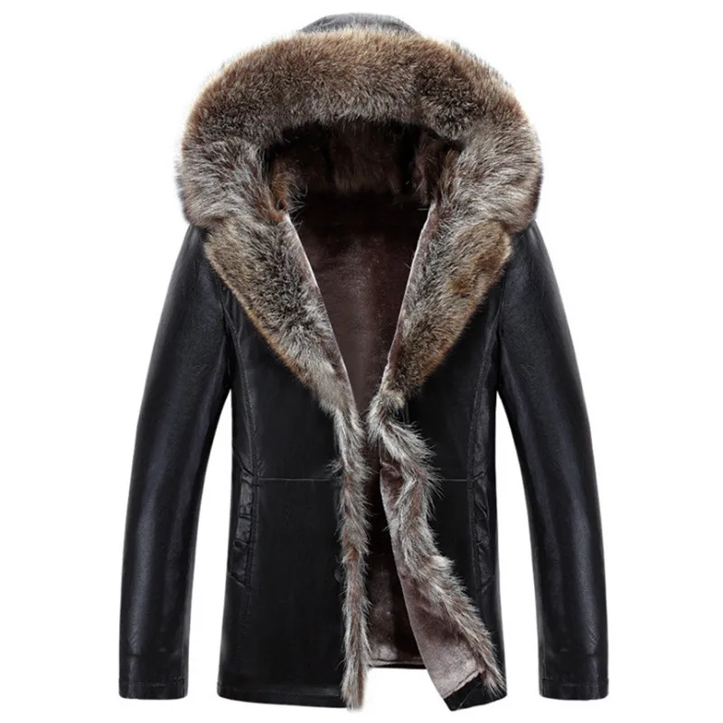

4XL Winter Thick Men's Oversized Hooded Jackets Overcoats Lapel Woolen Liner Raccoon Dog Fur Collar PU Leather Warm Coats
