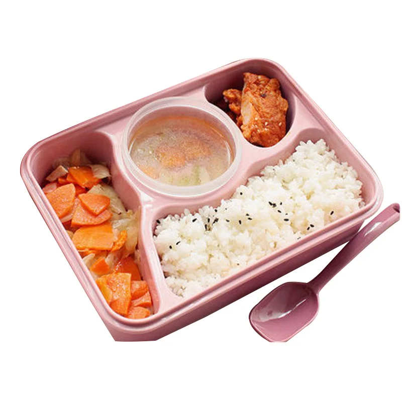 4 Cells Helath Plastic Bento Lunch Box Tableware Set Food Container Microwave School Lunch Boxes Sub-grid Design With Spoon (5)