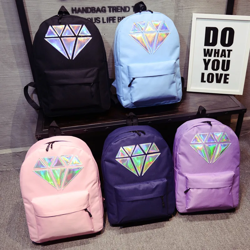 Holographic Silver Diamond Solid Women Canvas Backpack School Bags Teen Girls Unisex Female Men Laptop Travel Large Mochilas