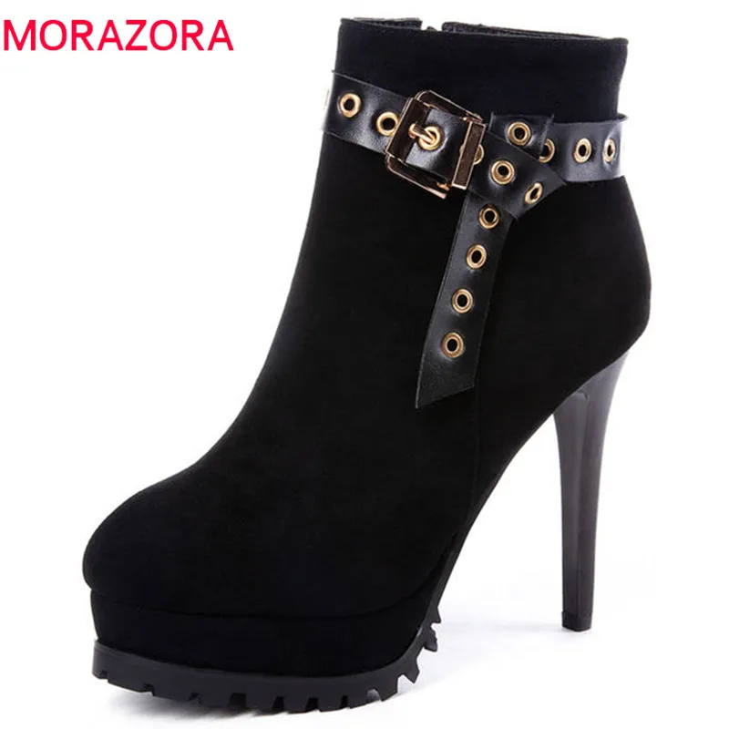 

MORAZORA 2020 newest round toe ankle boots women zipper with buckle fashion platform shoes autumn winter boots stiletto heels