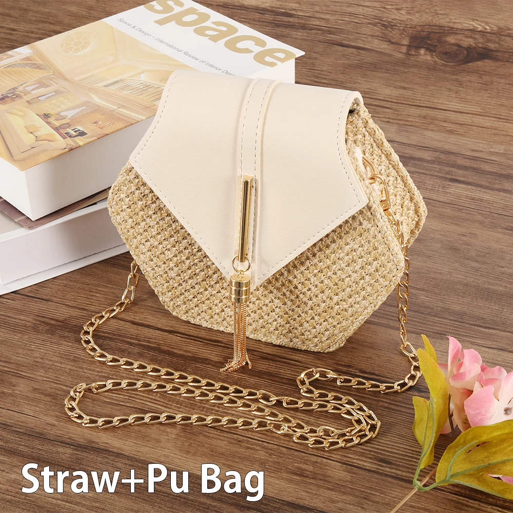

Hexagon Mulit Style Straw+PU leather Handbag Women Summer Rattan Bag Handmade Woven Beach Circle Bohemia Shoulder Bag