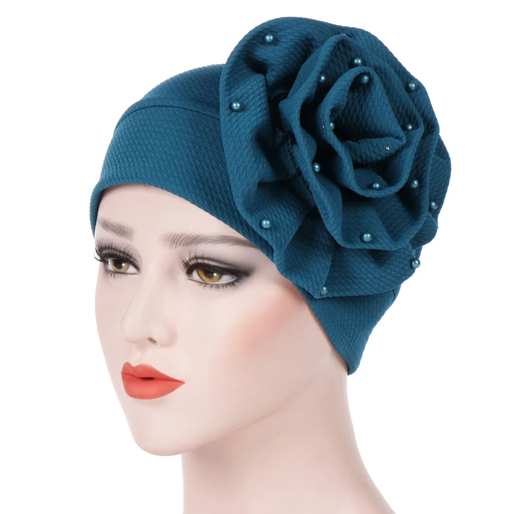 

Women Big Flower Turban Beading Hat 2018 New Fashion Elastic Cotton Hijabs Muslim Solid Turbante Hair Loss Cover Accessories