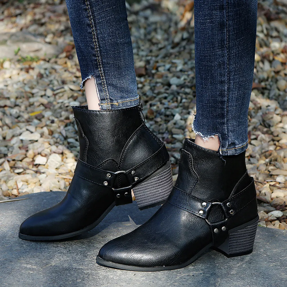 shoes Boots Women's Motorcycle Biker Leather Shoes Ankle Boots Retro