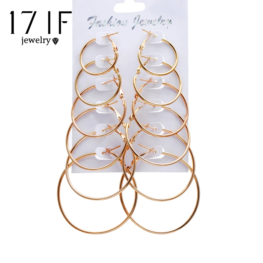 

17IF 6 Pcs/Set Oversize Big Circle Hoop Earring Set For Women Simple Punk Style Brincos Round Earrings Party Jewelry Gift
