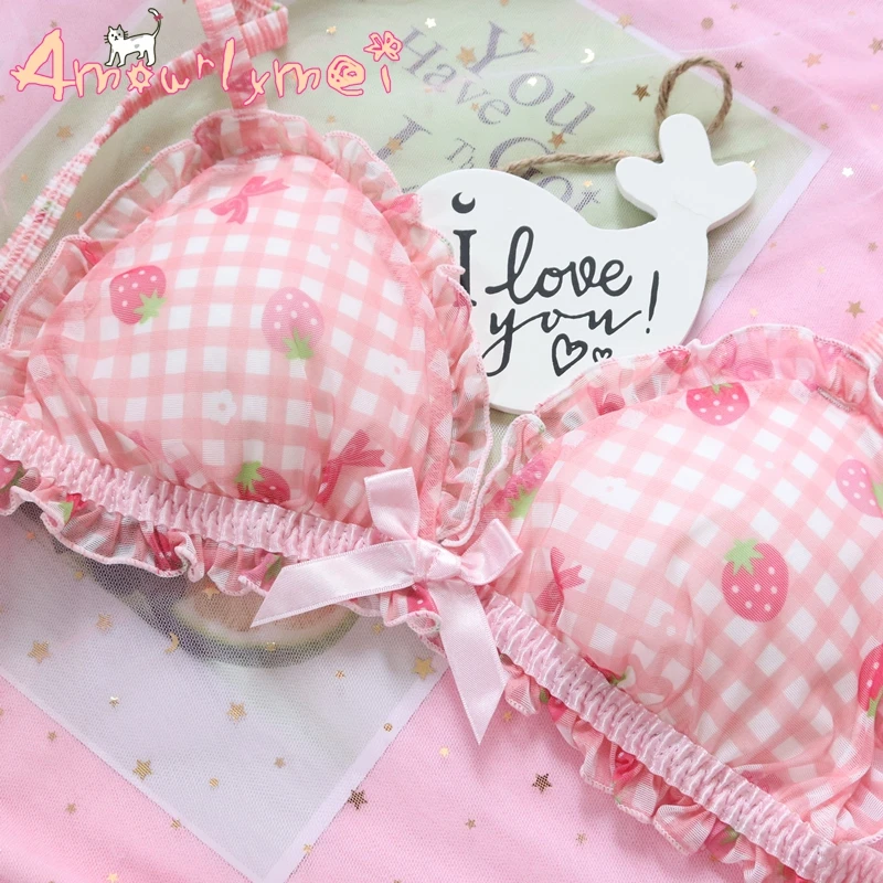 Японский Kawaii Лолита клубника печати бюстгальтер и трусики Комплект без стального кольца мягкое нижнее белье комплект