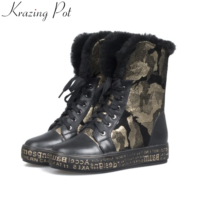 

krazing pot 2018 cow suede round toe patterns leather shearling Winter med heels snow boots lace up platform mid-calf boots L07