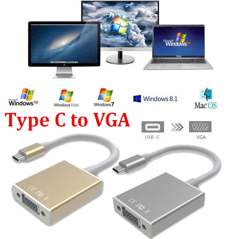 50pcs USB 3.1 TYPE C TO VGA 1080P HDTV TYPE-C to Adapter for New Macbook air 12" Google Chromebook Pixel | Электроника