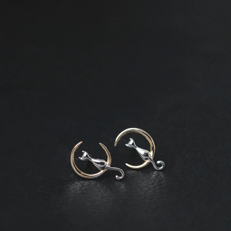 moon cat earrings 100% 925 Sterling silver Jewelry fashion Hypoallergenic Stud earrings for women gift