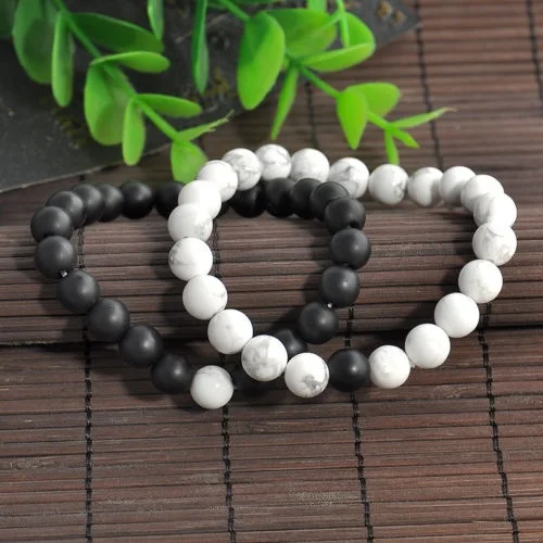 

2Pcs/Set Couples Distance Bangles Classic Natural Stone White and Black Yin Yang Beaded Bracelets for Men Women Best Friend Hot