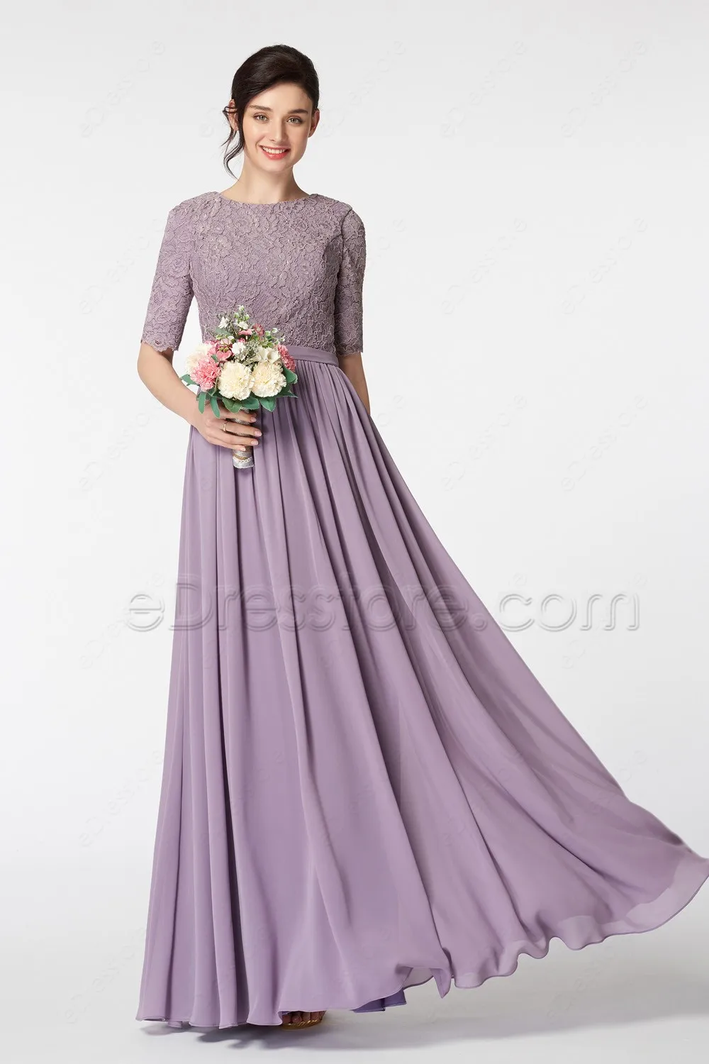 Buy 2017 Long Modest Bridesmaid Dresses With Half Sleeves Lilac A line Floor