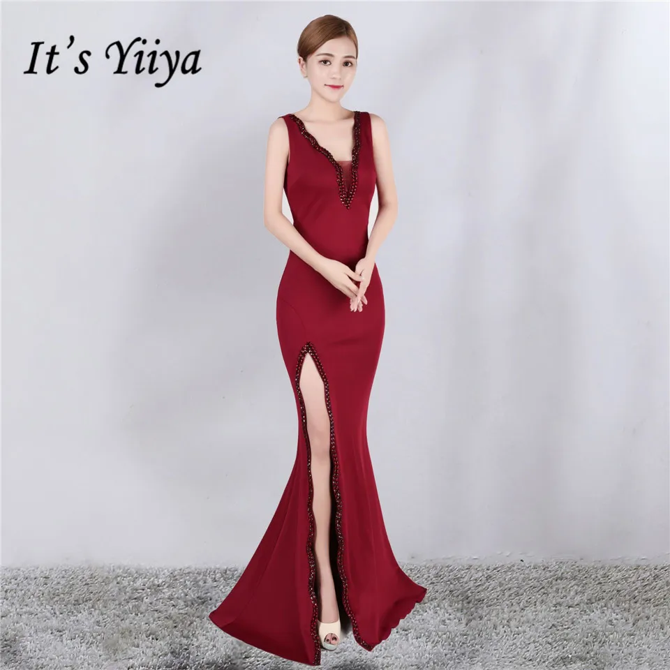 

It's Yiiya evening dress Sexy V-neck zipper back long party Gowns Elegant Crystal sleeveless trumpet formal Prom dresses C208