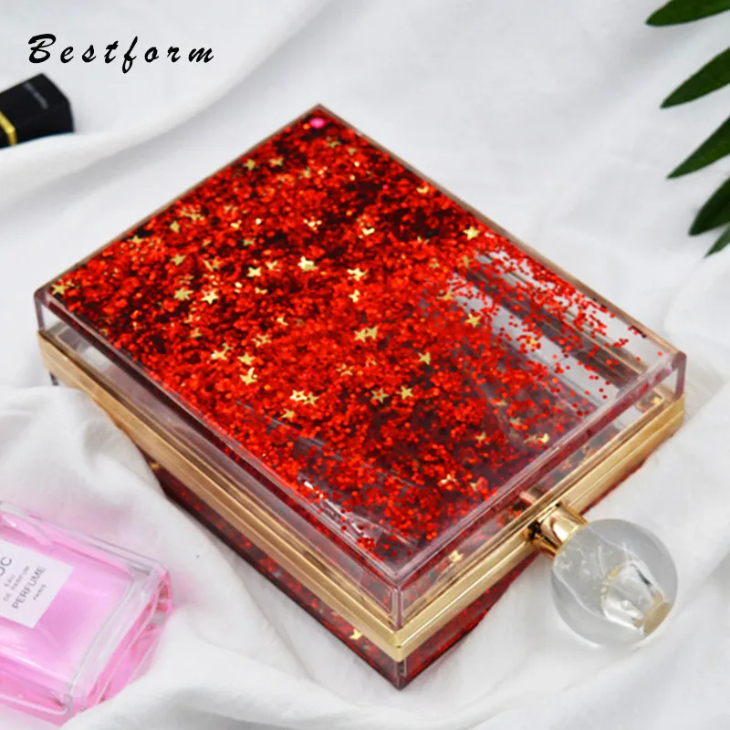 

Women Acrylic Transparent Crossbody Bags Liquid Quicksand Perfume Bag Small Sequins Star Party Clutch Clear Purse Evening Bag