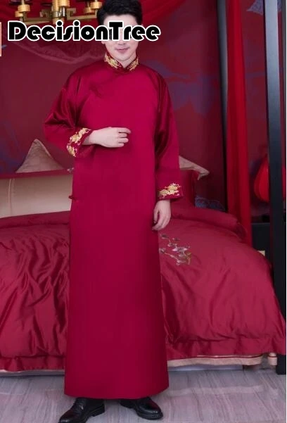 Плюс китайская мужская вышивка домашний халат с изображением дракона традиционная Мужская одежда для сна красное кимоно банное платье - Color: color2