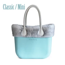 Classic and Mini Size Obag Style Complete EVA AMbag with insert handles White grey Trim Real Rex Rabbit Fur Plush Trim O Bag