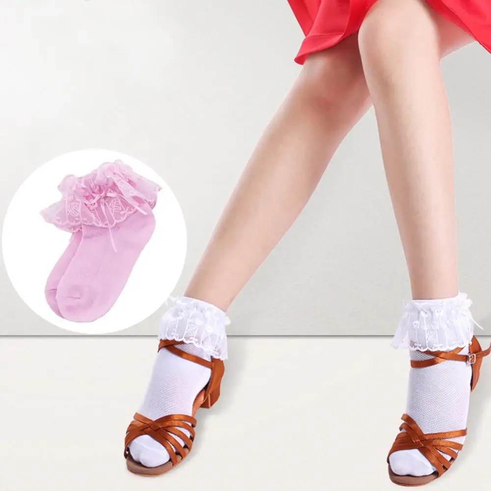 

2 Pairs Kids Girls Cotton Socks Latin dance Casual Wear Lace Decoration White Pink Socks
