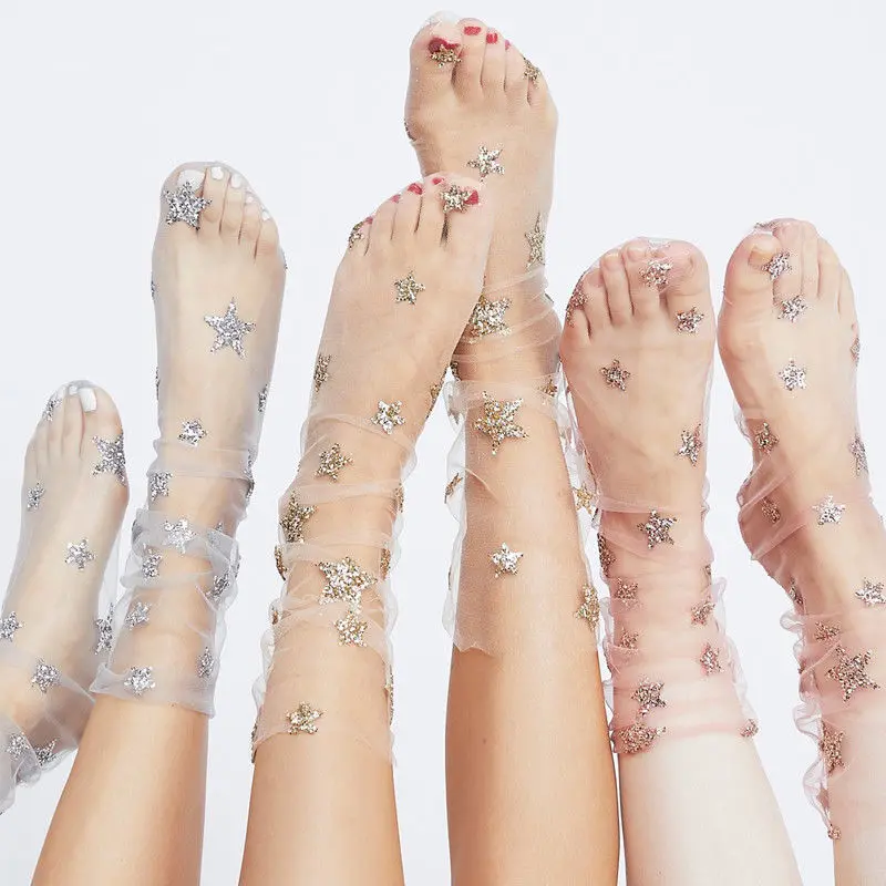 

Glamour Glitter Star Women Mesh Socks Transparent Elastic Sheer Ankle Socks