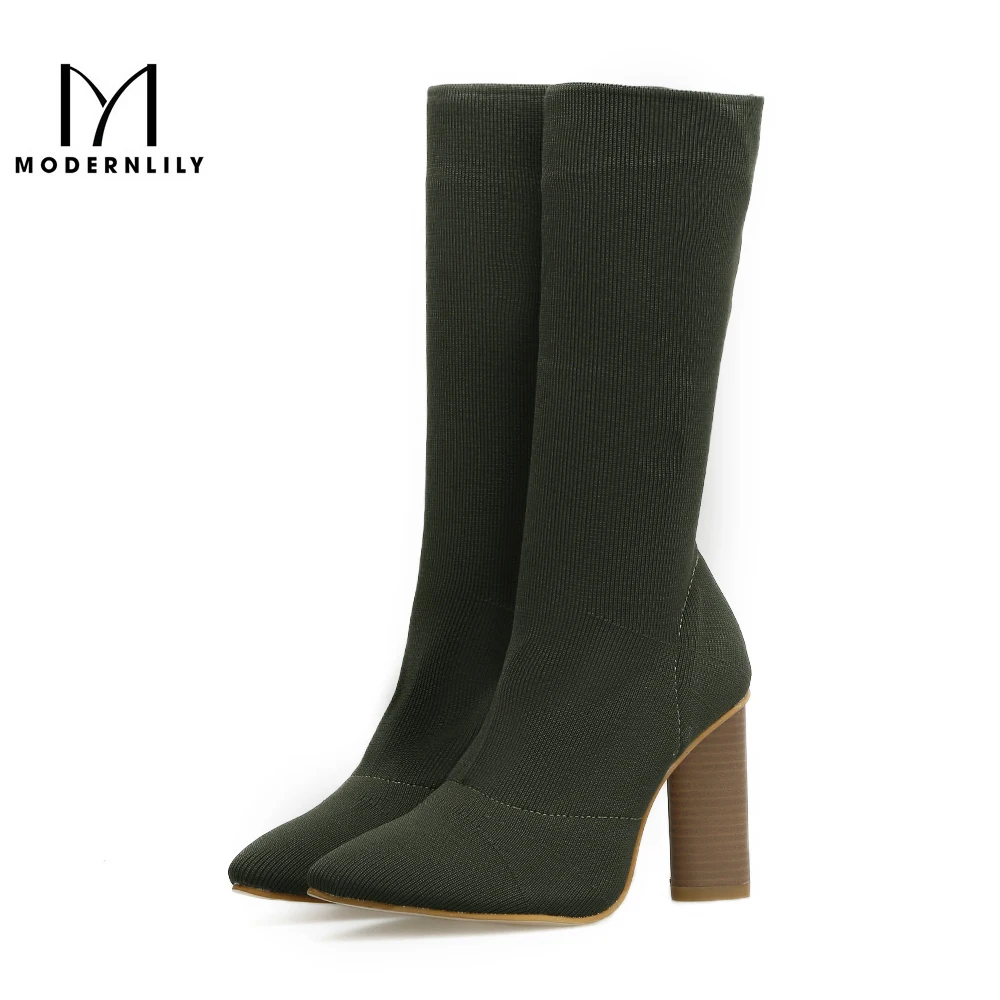 Mid Calf Boots Women Soild Stretch Fabric Extreme High Square Heels