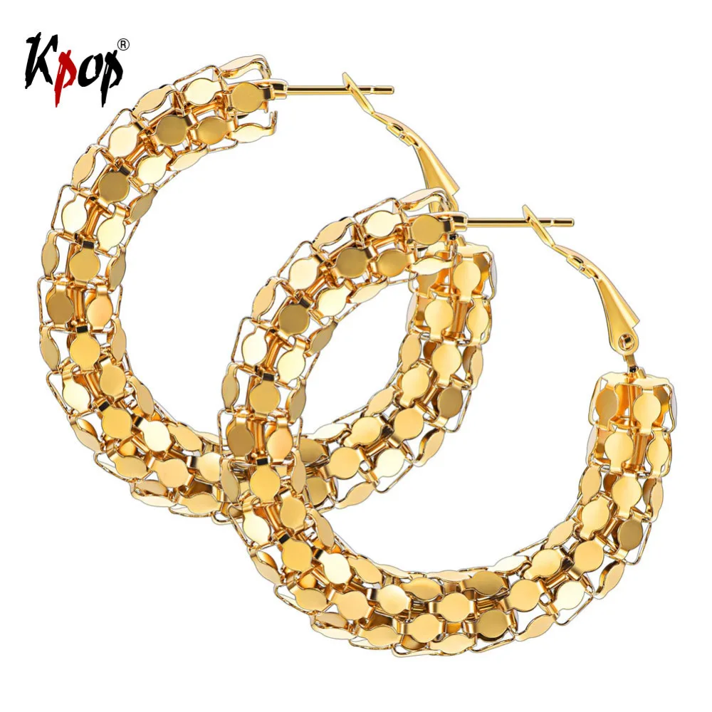 

Kpop Round Tube Hoop Earrings Statement Jewelry Stainless Steel Gold Color Medium Hollow Circle Earrings for Women 40cm E3357