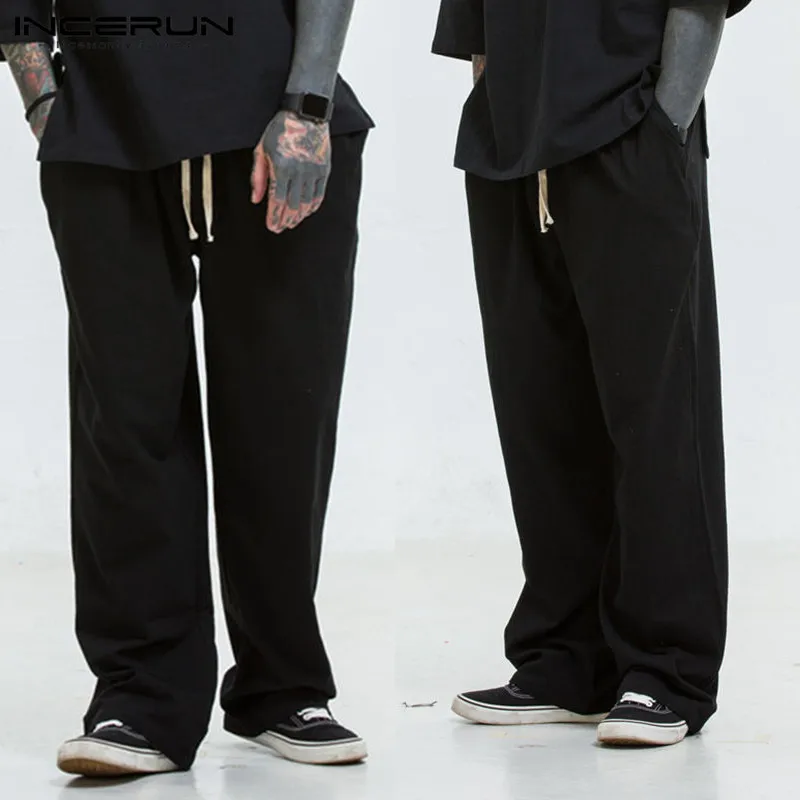 

INCERUN Retro Summer Spring Chinese Style Cotton Casual Pants Men Straight Pants Elastic Waist Tie Solid Color Loose Trousers