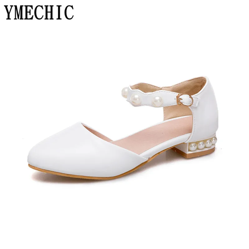 YMECHIC/ г.; очаровательные свадебные туфли для вечеринки; женские туфли Mary Jane с пряжкой и белыми бусинами на низком каблуке; туфли-лодочки большого размера; женская летняя обувь