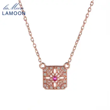 

LAMOON Necklace For Women S925 Sterling Silver Natural Ruby Gemstone 2018 New Square Rose Gold Color Fine Jewelry Pendant NI019
