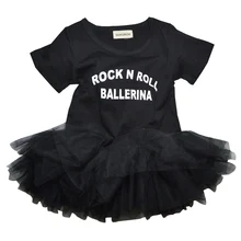 QUIKGROW “Rock N Roll Ballerina” Slogan Black Baby Girl Dress Snap Button Short-sleeve Toddler Kiddie Tulle Tutu Costume NY03QZ