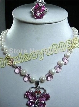 

hot sellWhite Pearl Pink CZ Necklace Ring butterfyl Zircon Pendant Set