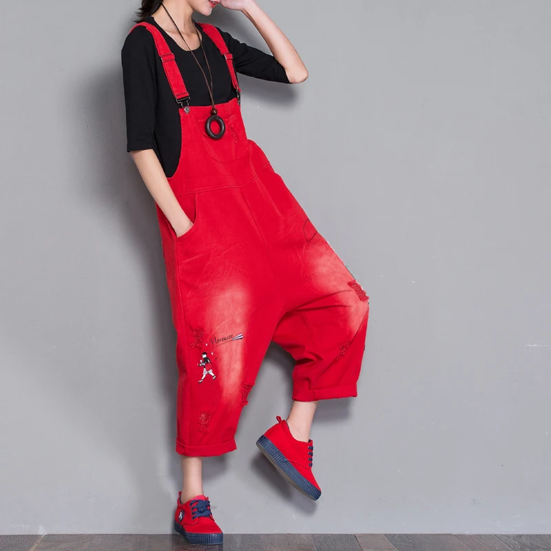 Merah Lebar Kaki Bib Denim Overall 