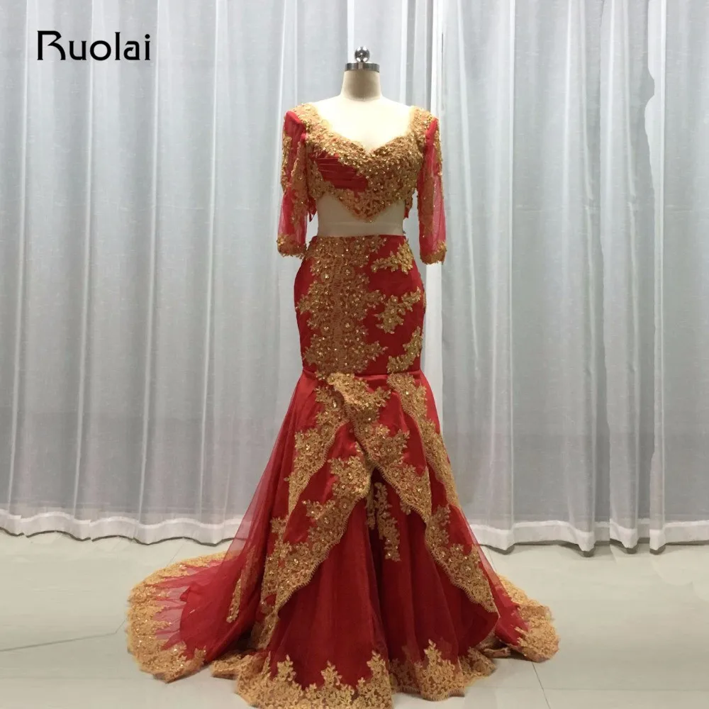 

Real Image Two Pieces Dubai Arabic Evening Dresses Sexy Tulle Half Sleeve Red and Gold Appliques Beads Mermaid Prom Dresses FE76