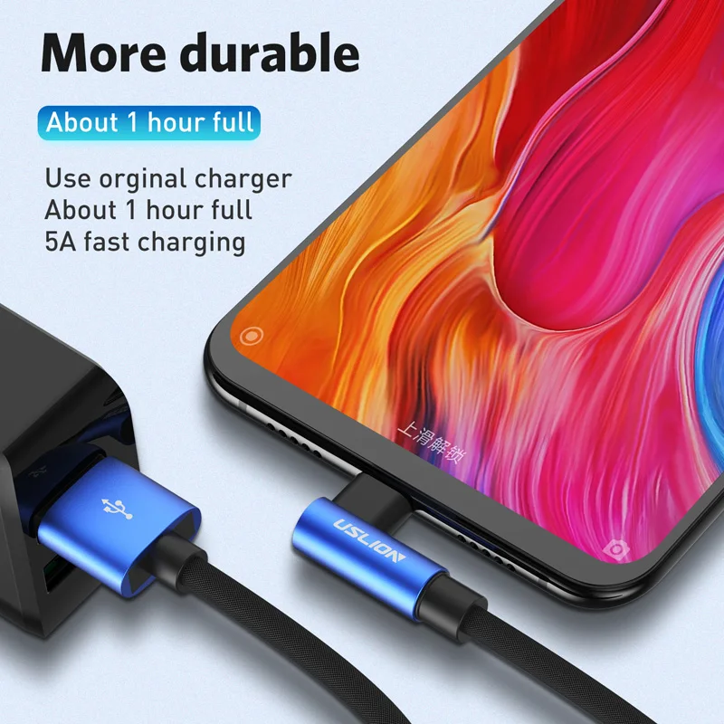 USLION 90 grado tipo-C USB-C Cable en forma de L de carga rápida Cable de datos cargador para Samsung S8 S9 más Xiaomi mi5 mi6 Huawei P10 P9